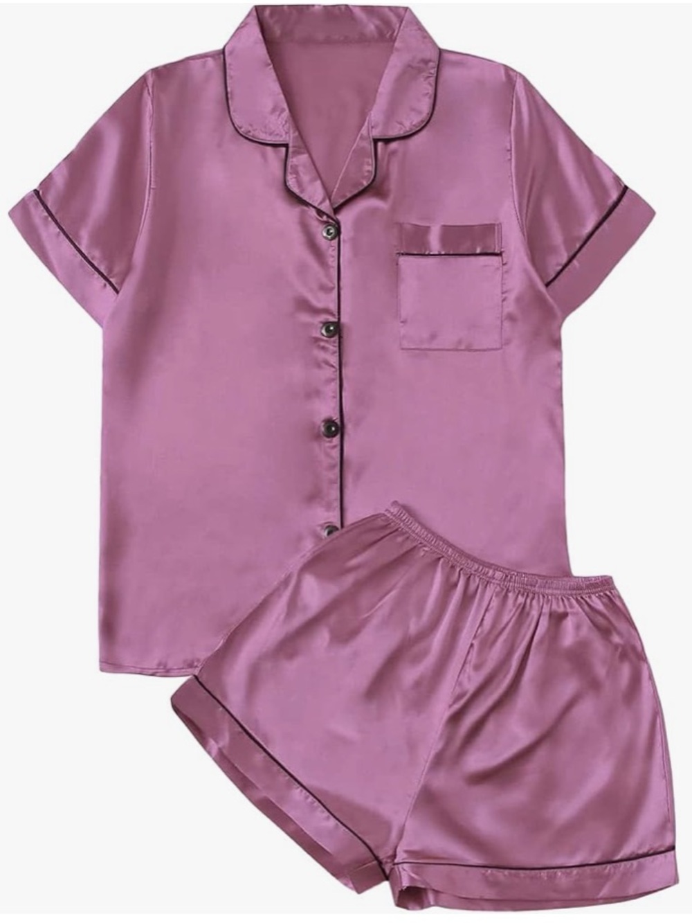 DIDK Women’s Satin Sleepware 2 piece Pajama Shortset Pink/Black Trim XS